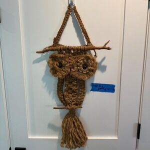Vintage 1970 Macrame Owl Wall Art Hanging Boho Mid‎ Century  Jute Wood 14"